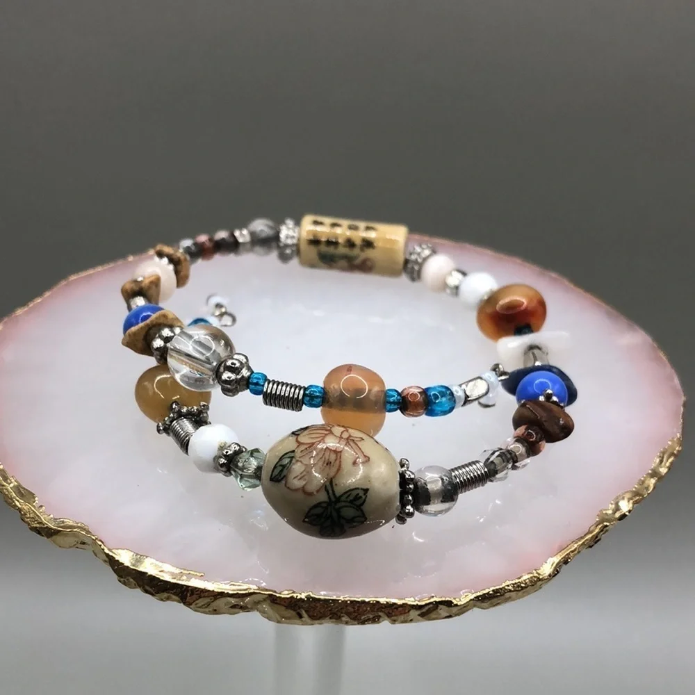 ARTISAN handmade Asian ceramic beads memory coil bracelet boho layering